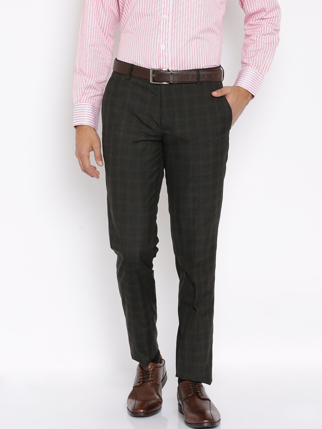 John Players Men Charcoal Grey Self-Design Slim Fit Flat-Front Trousers