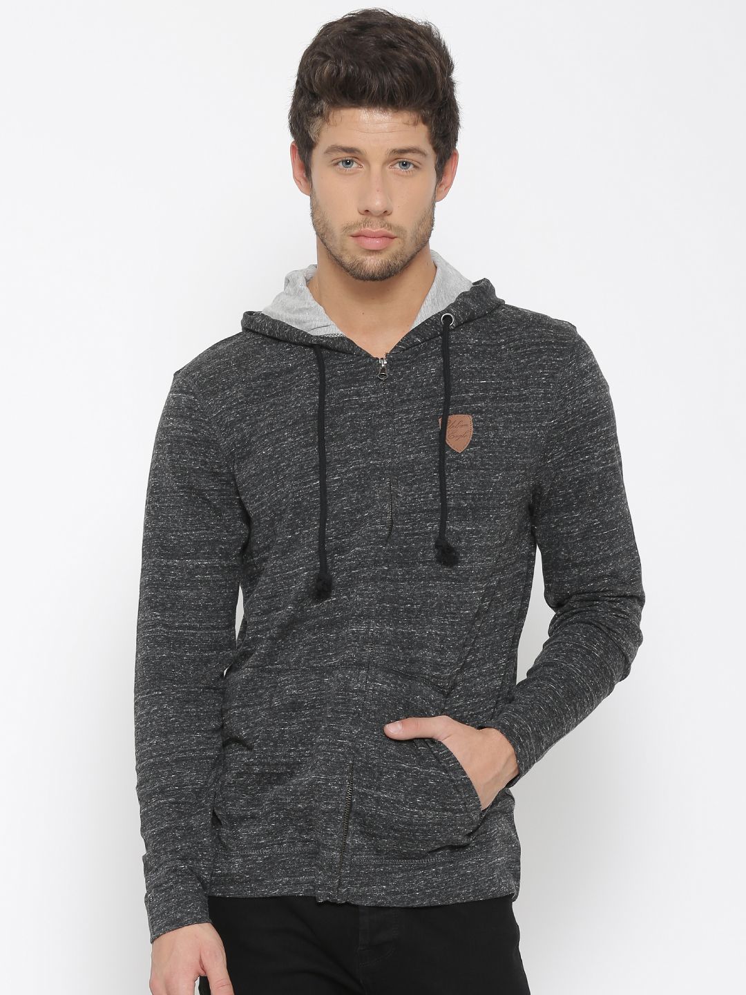 URBAN EAGLE by Pantaloons Charcoal Grey Patterned Hooded Sweatshirt