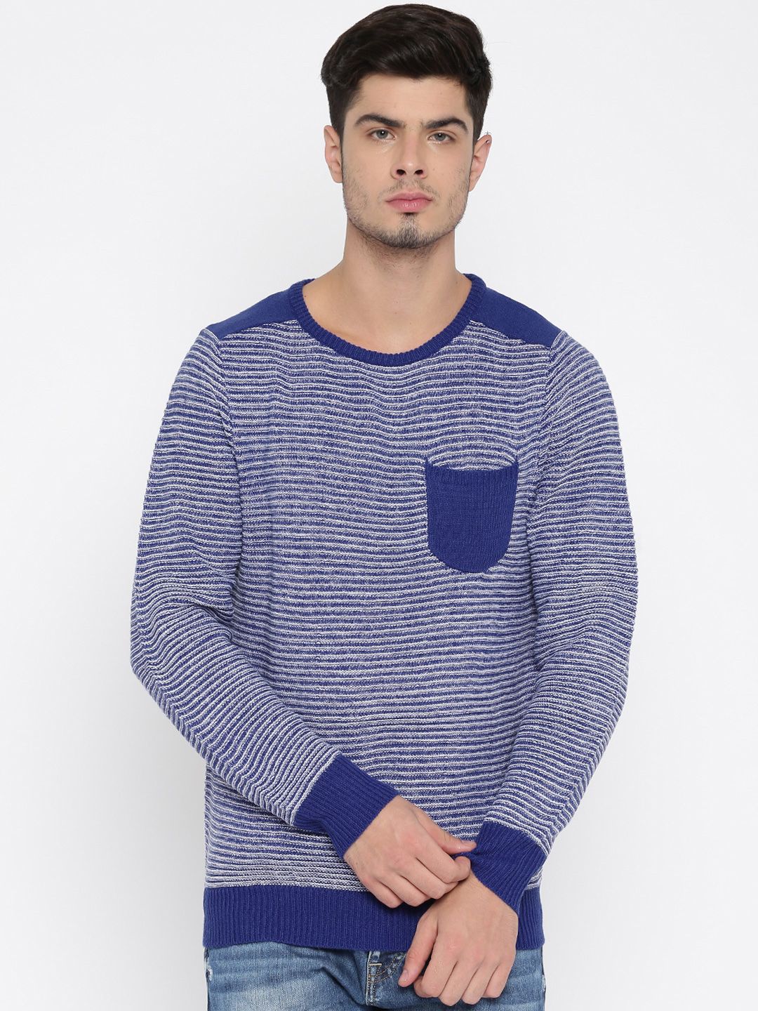 Roadster Men Blue Self-Design Sweater