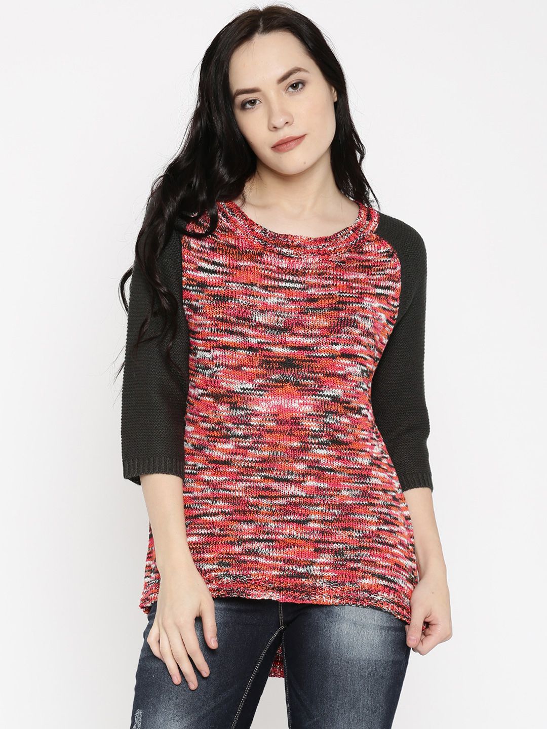 RDSTR Women Red & Charcoal Grey Self-Design Sweater