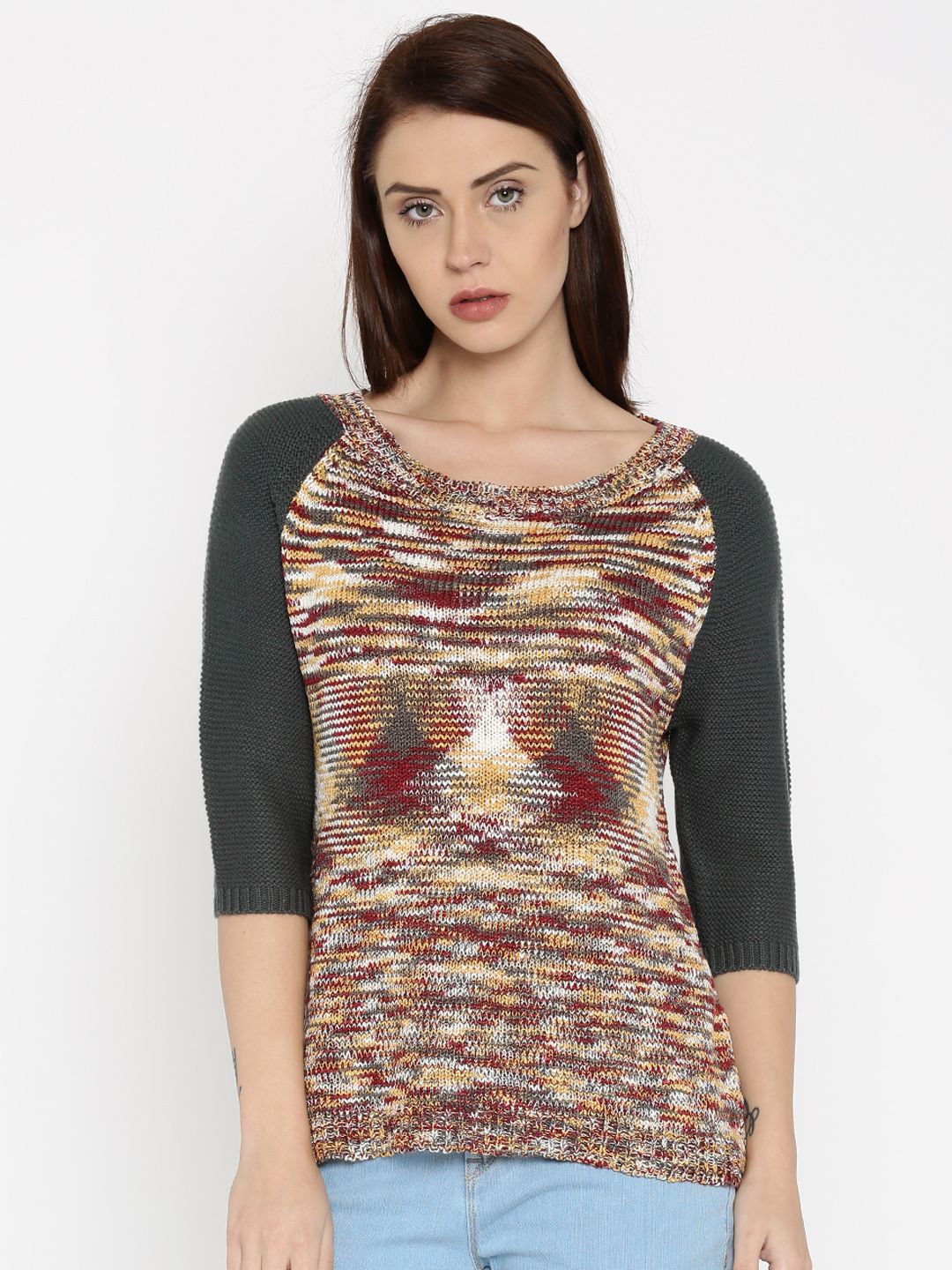 RDSTR Women Charcoal Grey & Brown Self-Design Sweater