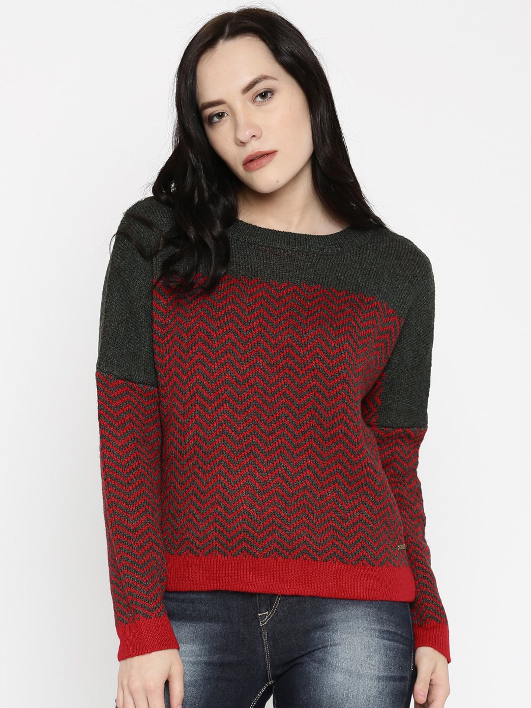 RDSTR Women Red & Charcoal Grey Sweater