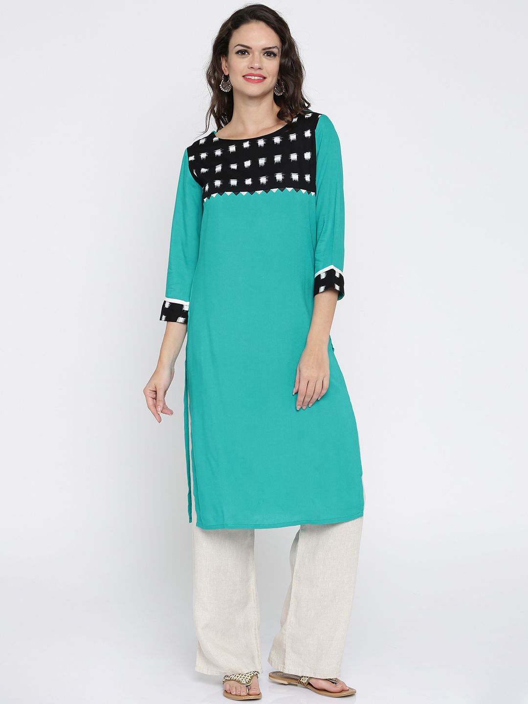 Anouk Women Blue & Black Ikkat Print Straight Kurta