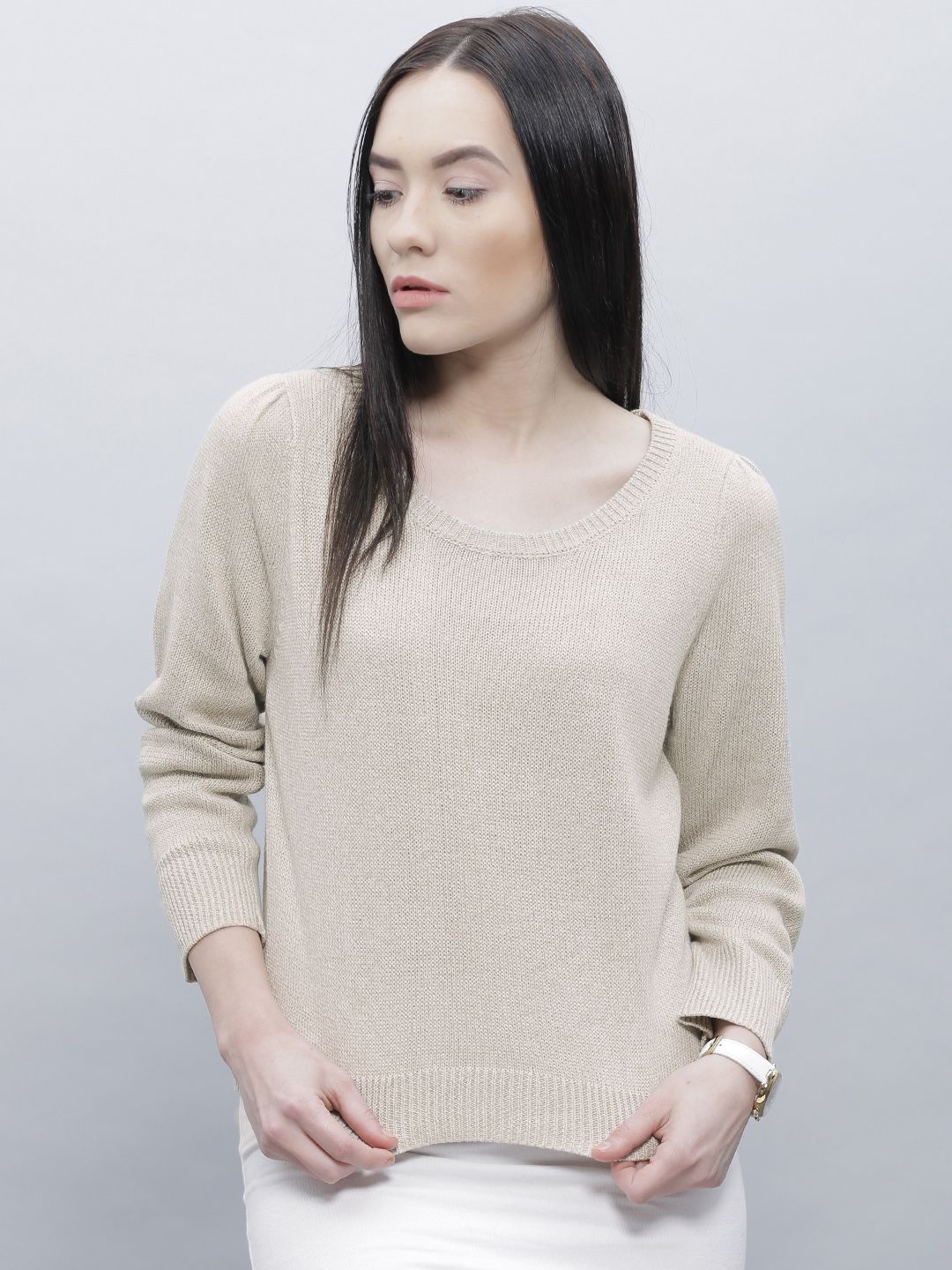 ether Women Beige Self-Design Sweater