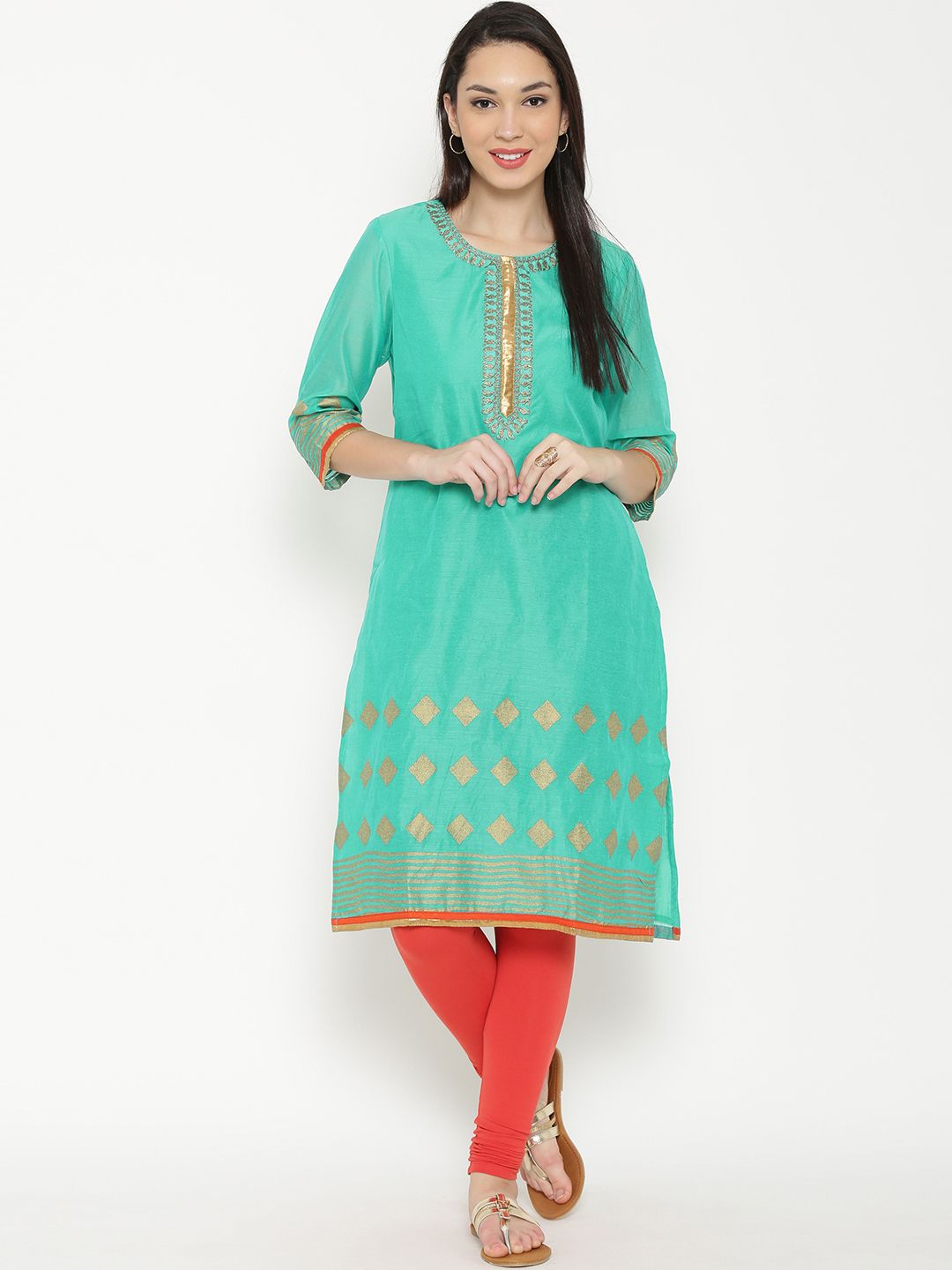 RANGMANCH BY PANTALOONS Women Sea Green Printed Straight Kurta