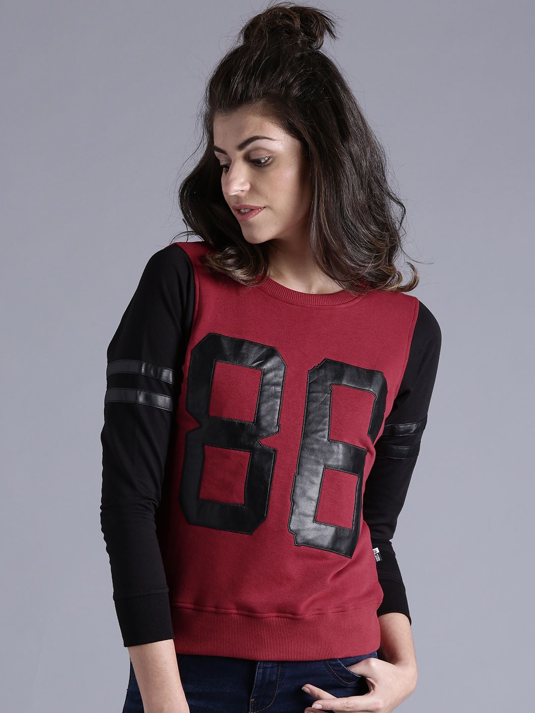 Kook N Keech Women Maroon & Black Colourblocked Pullover Sweatshirt