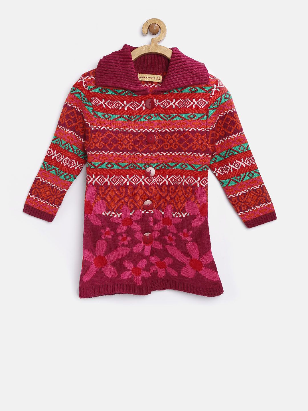 American Eye Girls Pink Patterned Longline Cardigan