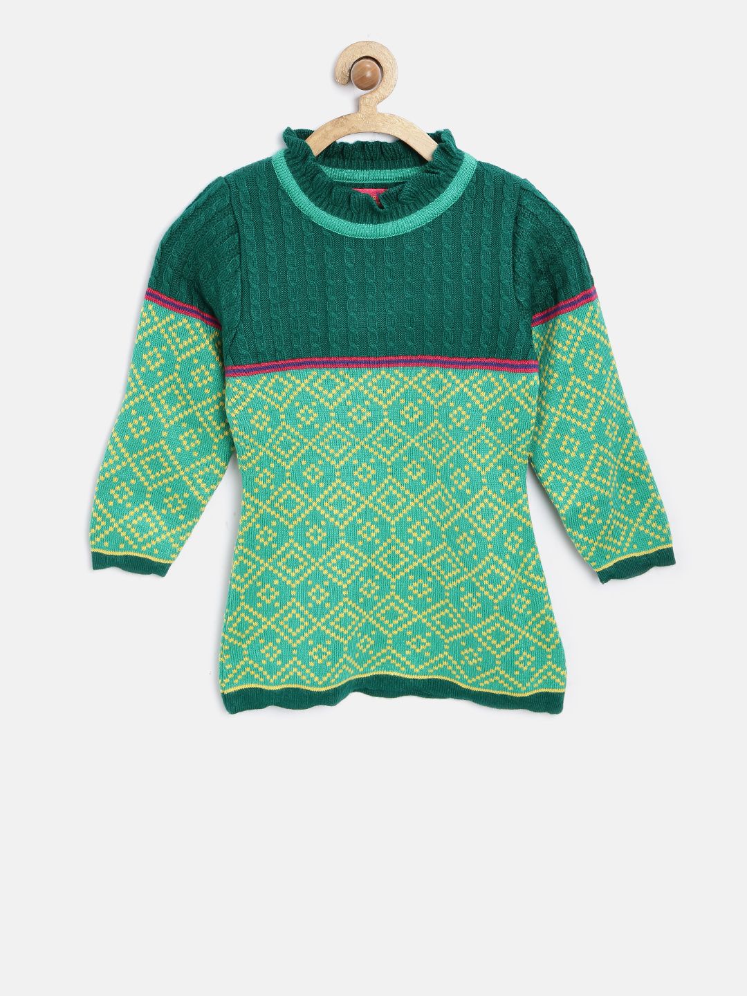 American Eye Girls Green Patterned Longline Sweater
