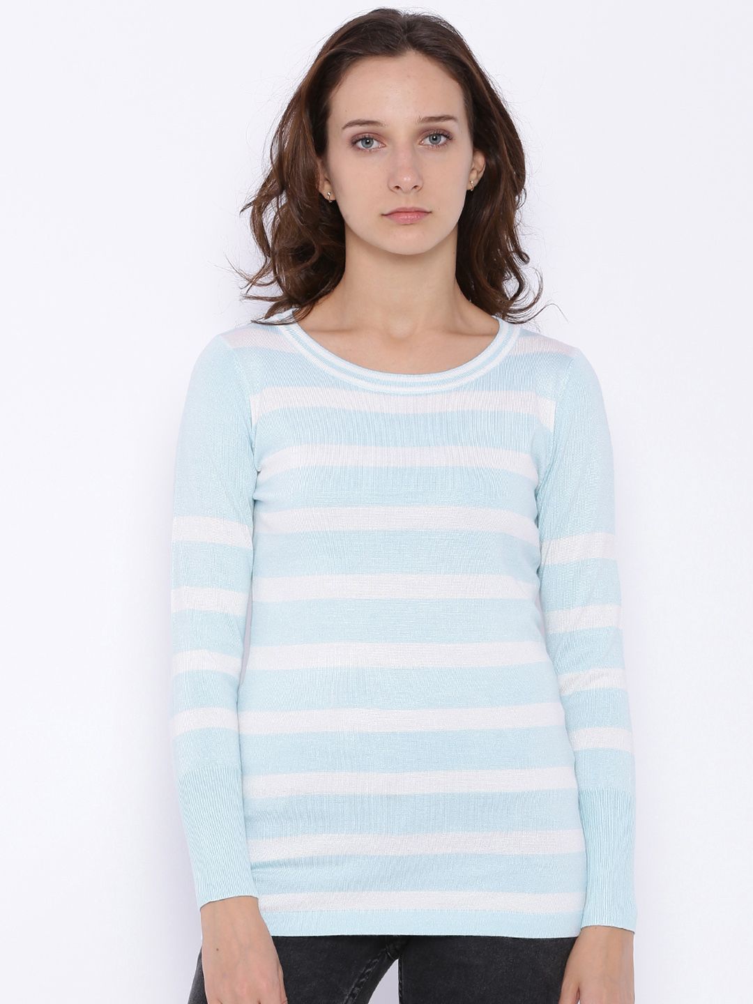 Fame Forever by Lifestyle Women Blue & Off-White Striped Sweater