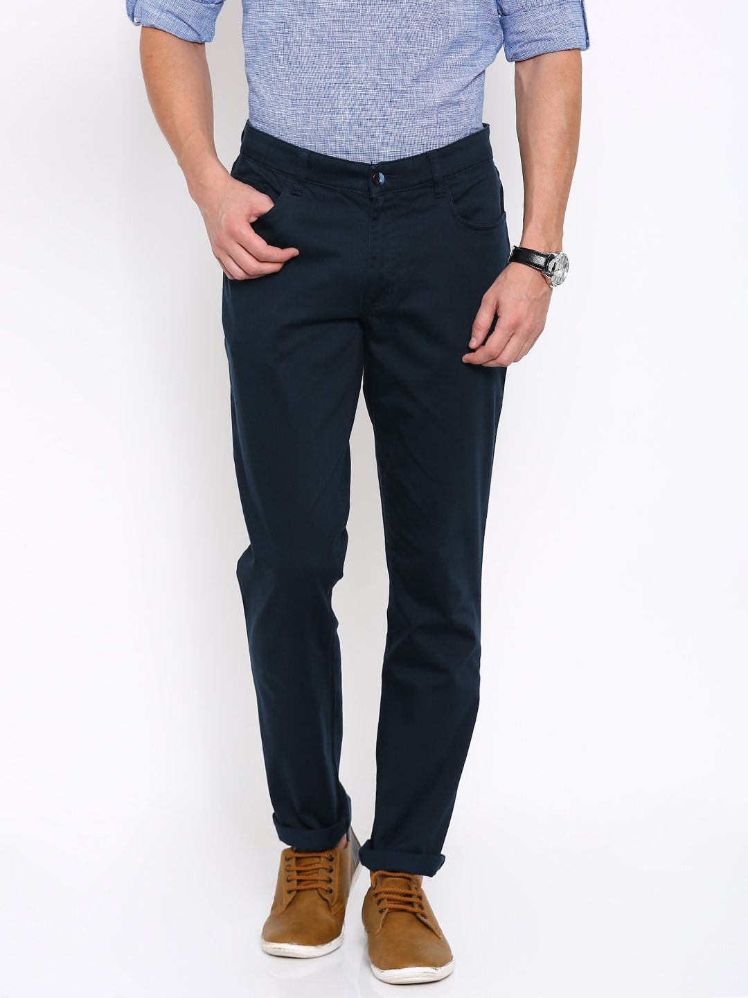 John Players Men Navy Solid Slim Fit Flat-Front Trousers