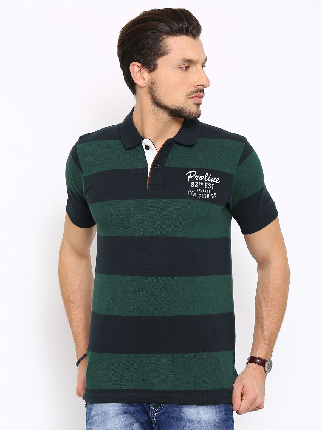 Proline Men Green  Navy Striped Polo Collar Pure Cotton T-shirt
