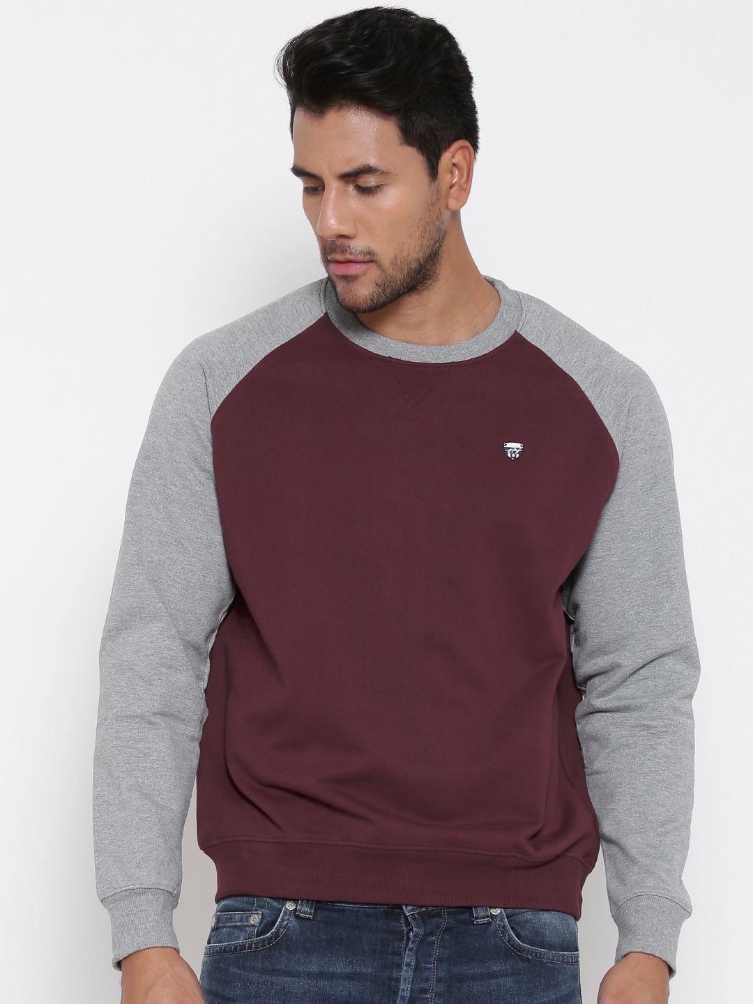 John Players Burgundy & Grey Melange Colourblocked Sweatshirt