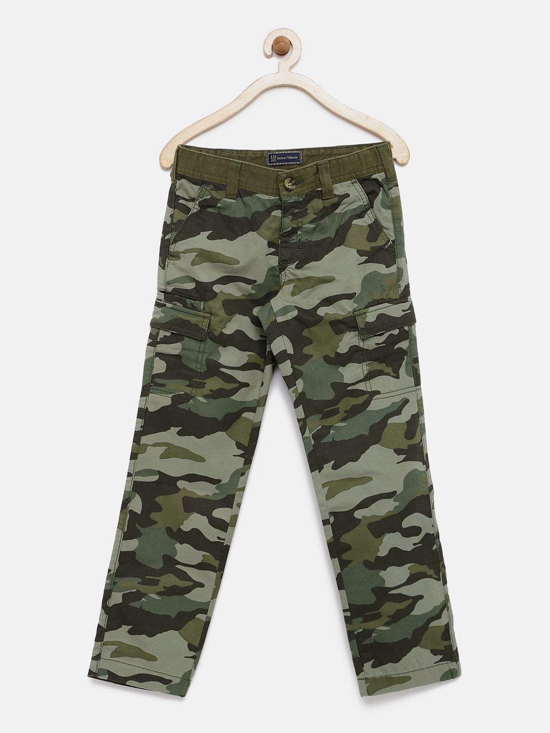 Indian Terrain Boys Olive Green Camouflage Print Cargo Trousers
