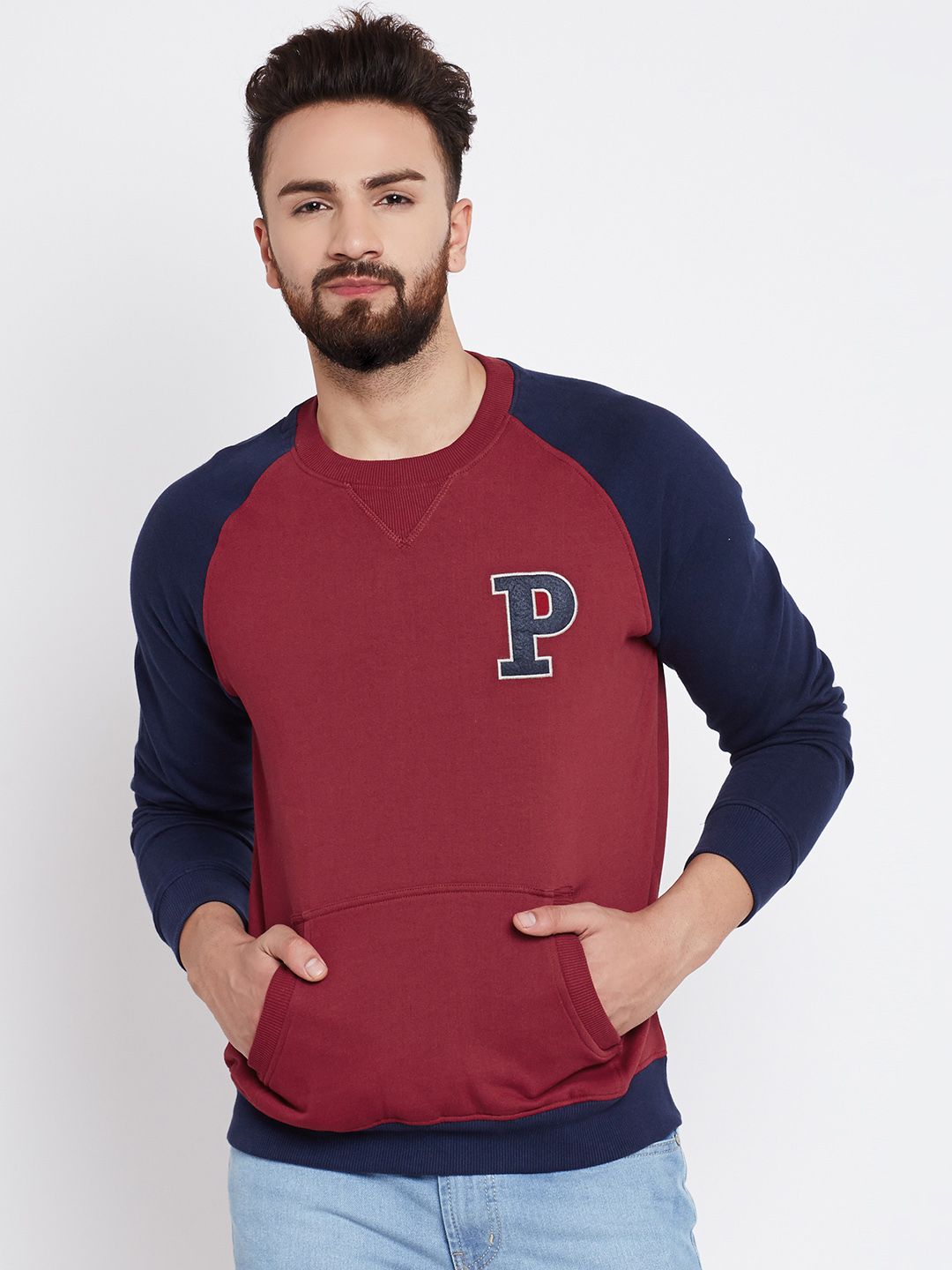 John Players Maroon & Navy Colourblocked Sweatshirt