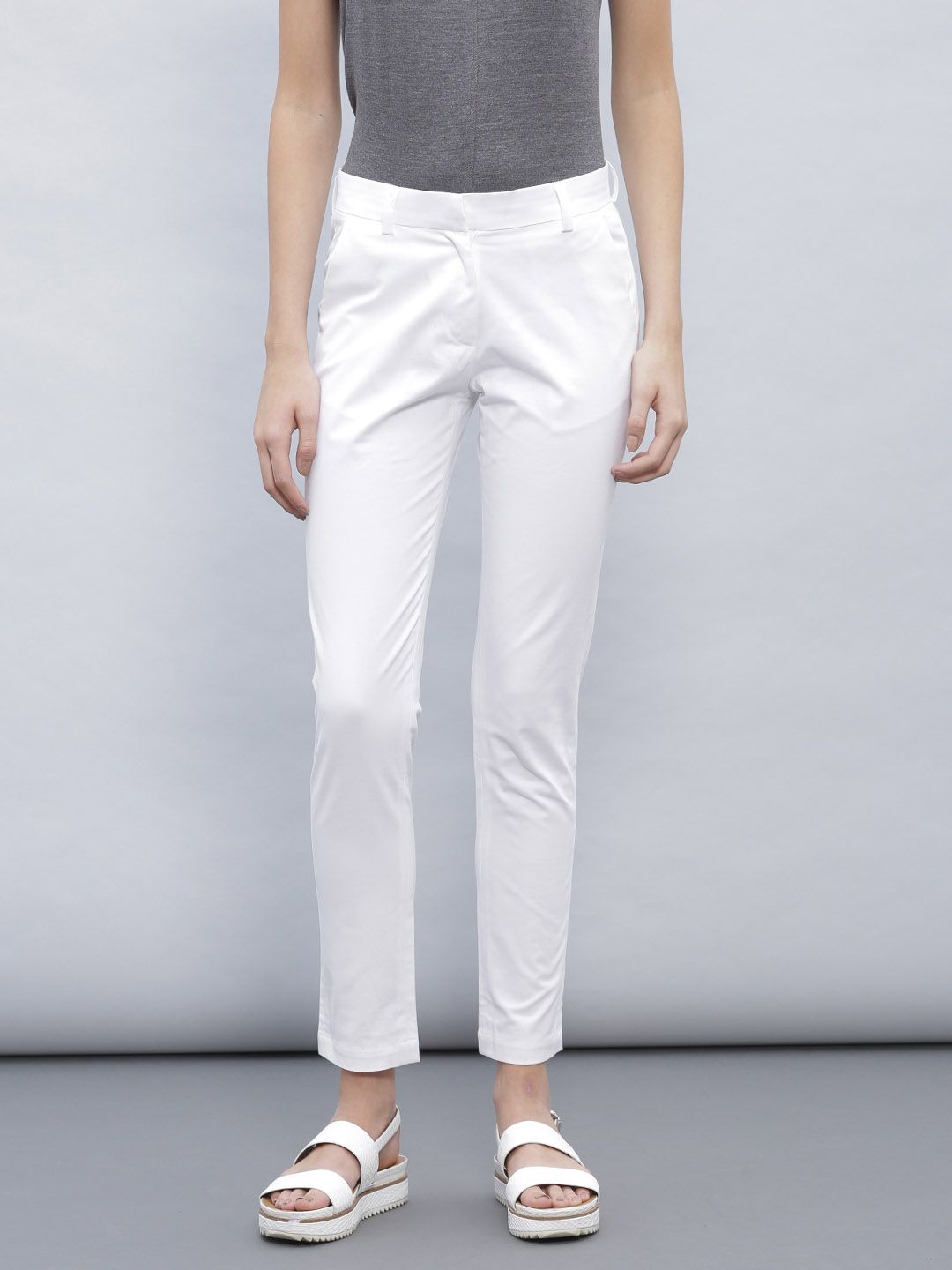 ether Women White Solid Straight Fit Flat-Front Trousers