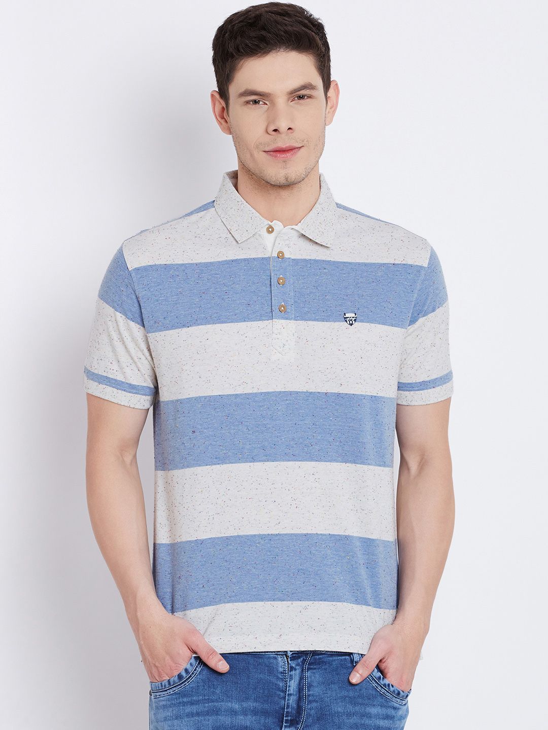 John Players Men Blue Striped Polo Collar T-shirt