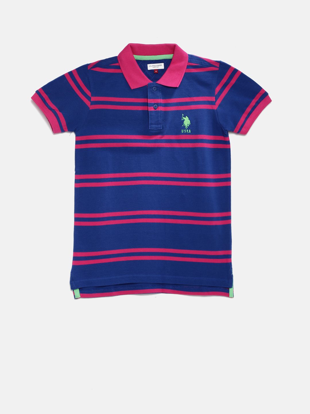U.S. Polo Assn. Kids Boys Blue  Pink Striped Polo Collar Pure Cotton T-shirt