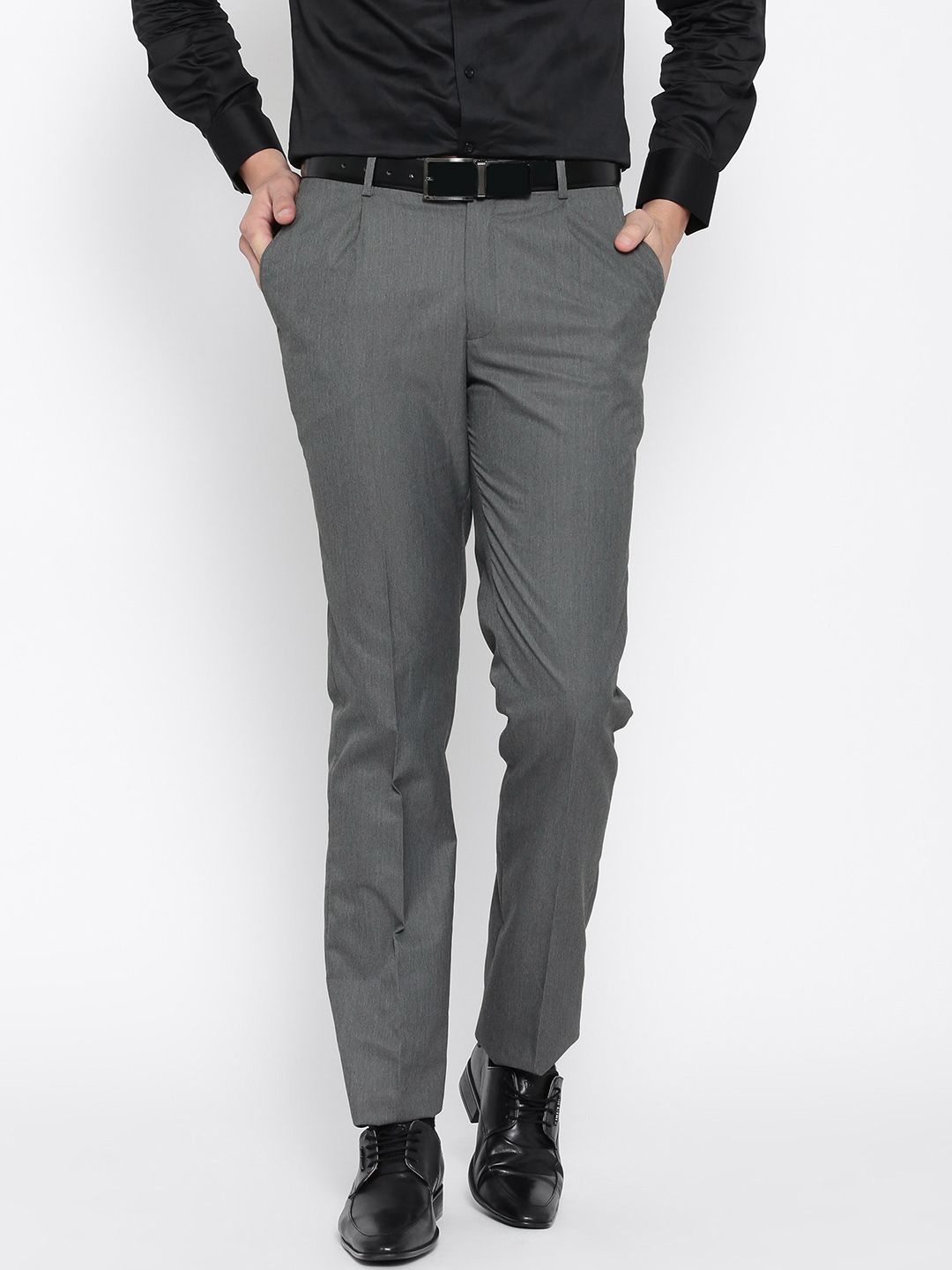 John Players Men Grey Solid Flat-Front Trousers