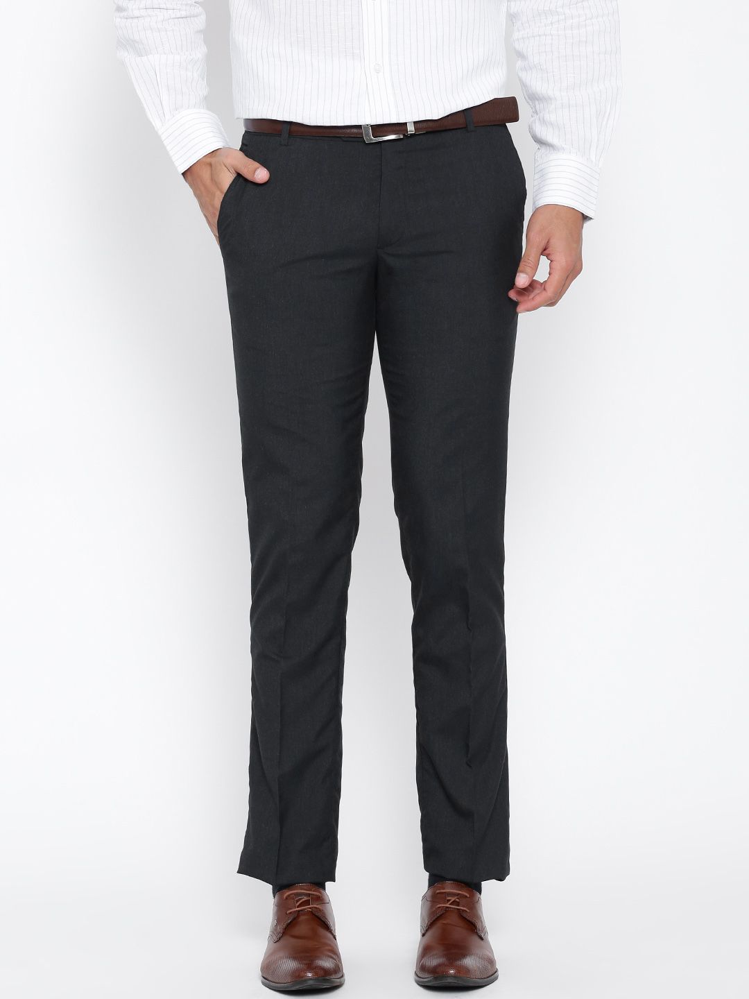 John Players Men Navy Solid Slim Fit Flat-Front Trousers
