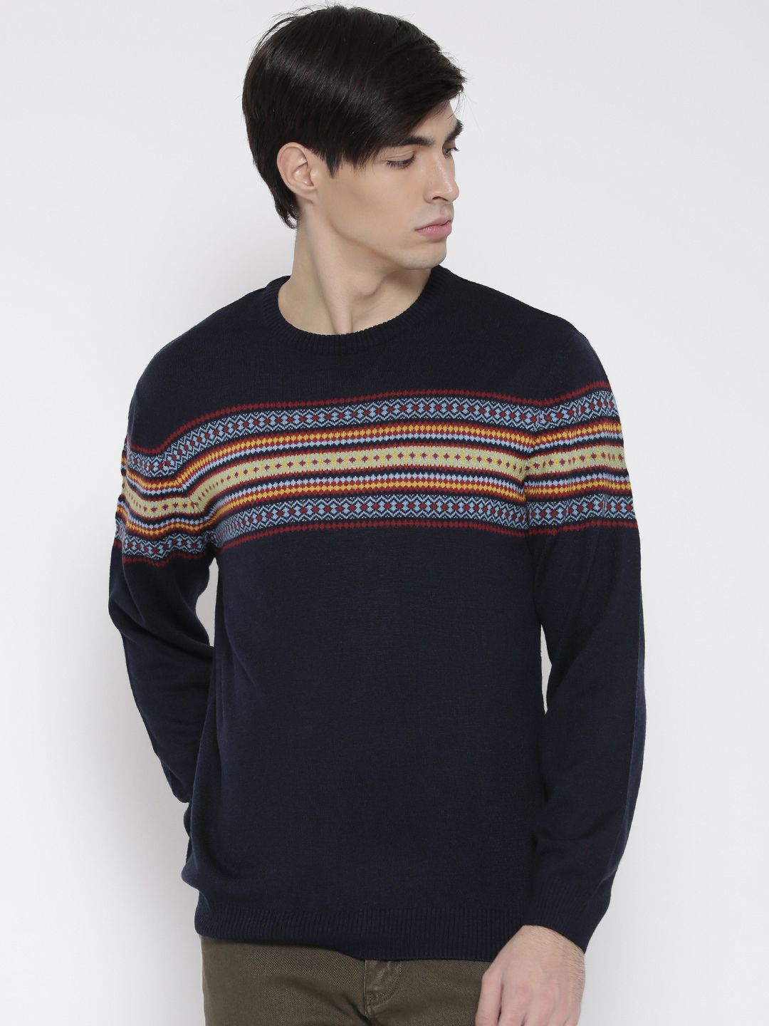 Wills Lifestyle Men Navy Patterned Sweater