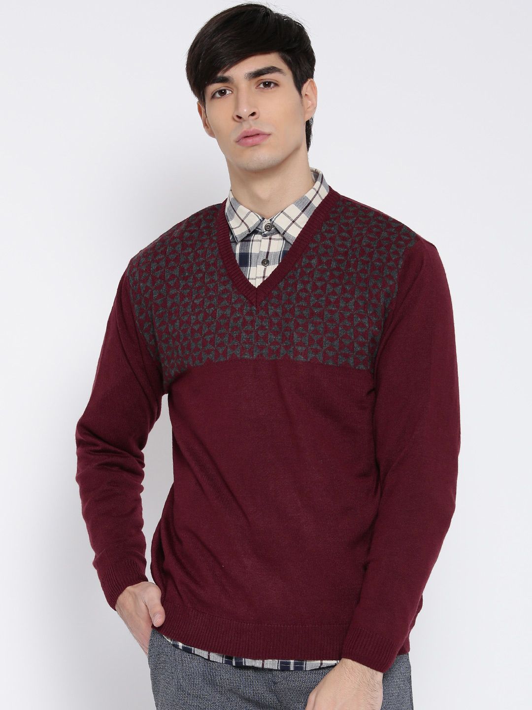 Wills Lifestyle Men Maroon Patterned Sweater