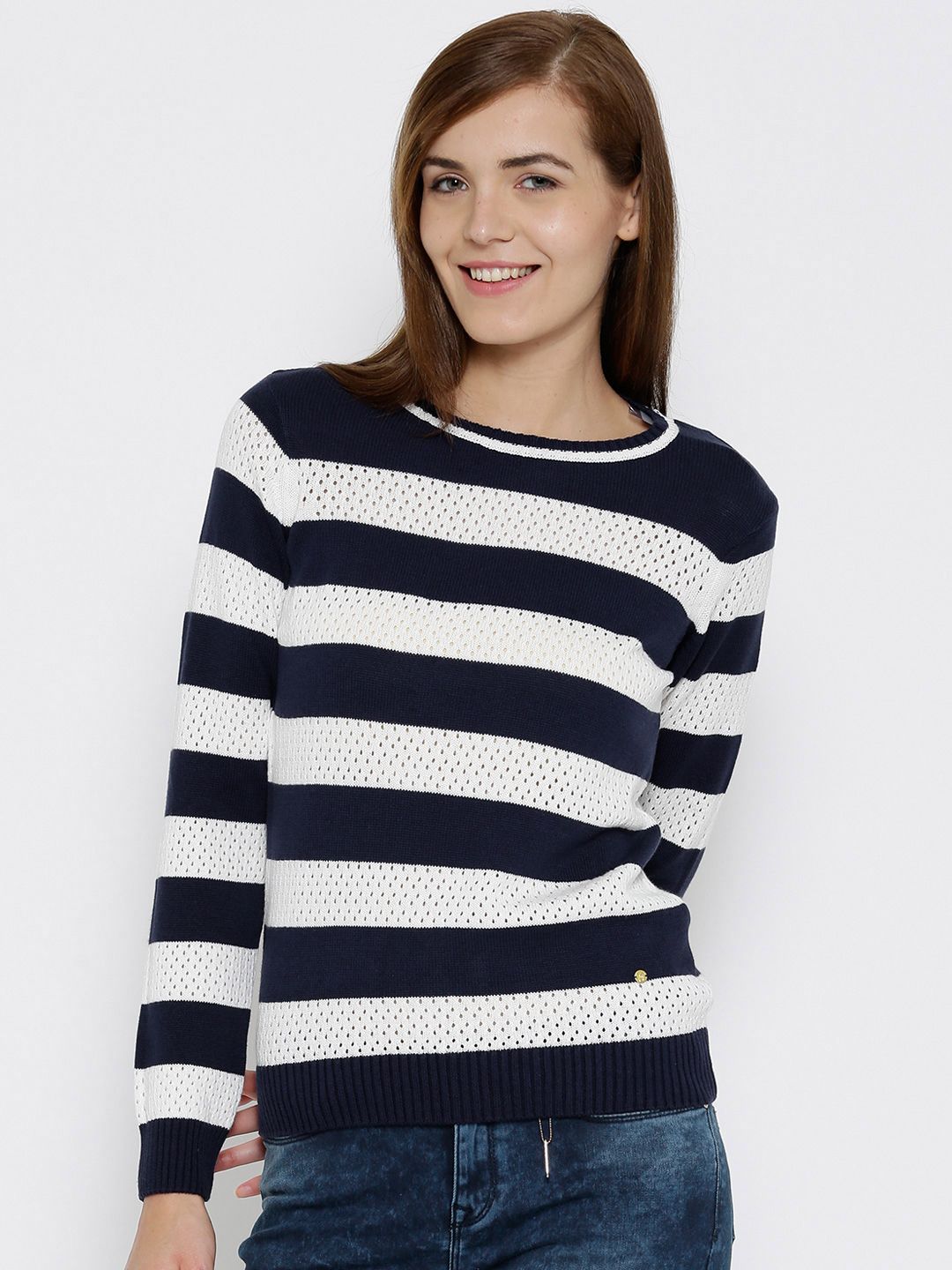 Flying Machine Women Navy & White Patterned Sweater