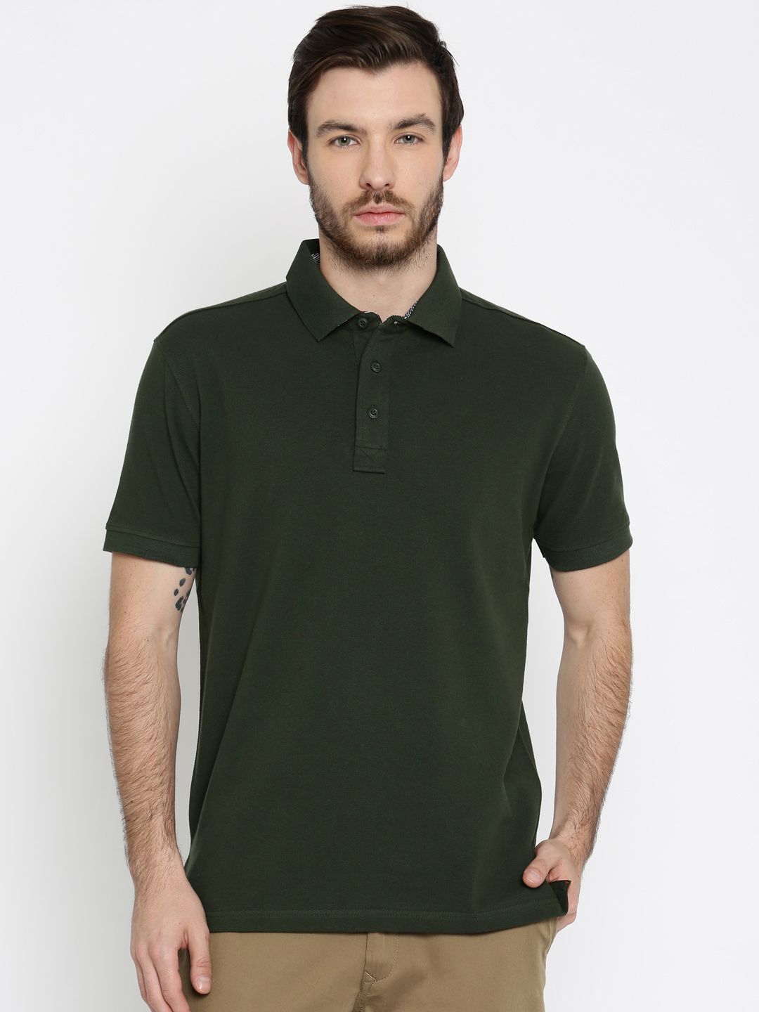 John Players Olive Green Solid Polo Collar Pure Cotton T-shirt