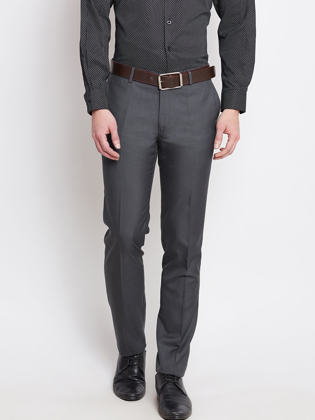 John Players Men Grey Solid Slim Flat-Front Formal Trousers