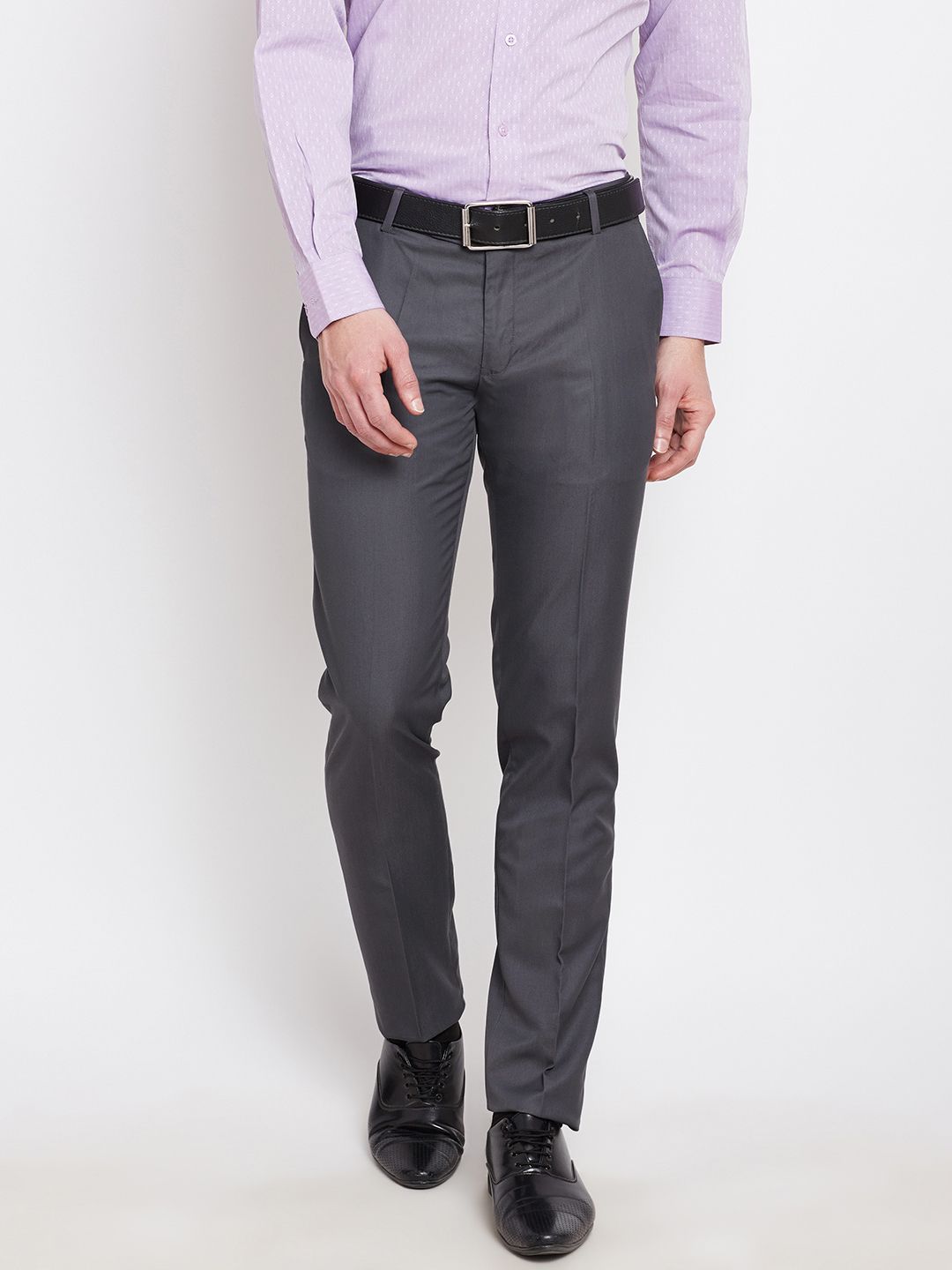 John Players Men Grey Solid Slim Fit Flat-Front Formal Trousers