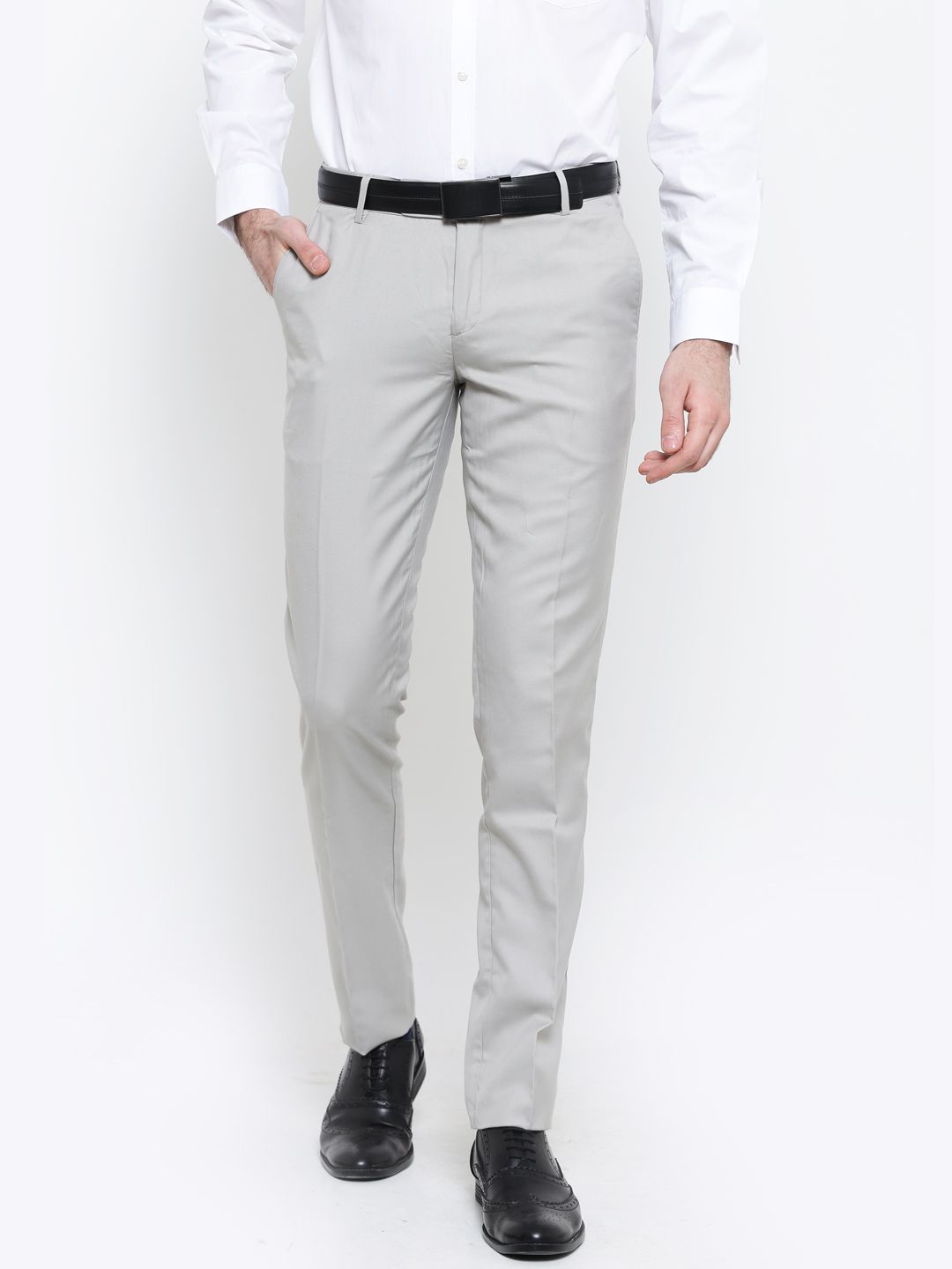 John Players Men Grey Solid Slim Fit Flat-Front Formal Trousers