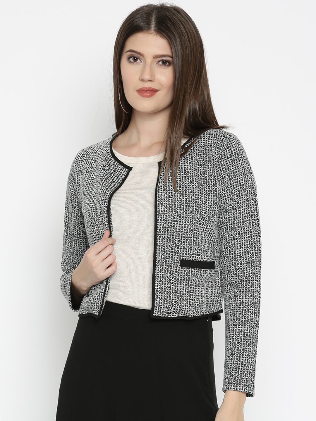 AND Grey & Black Self-Design Crop Jacket