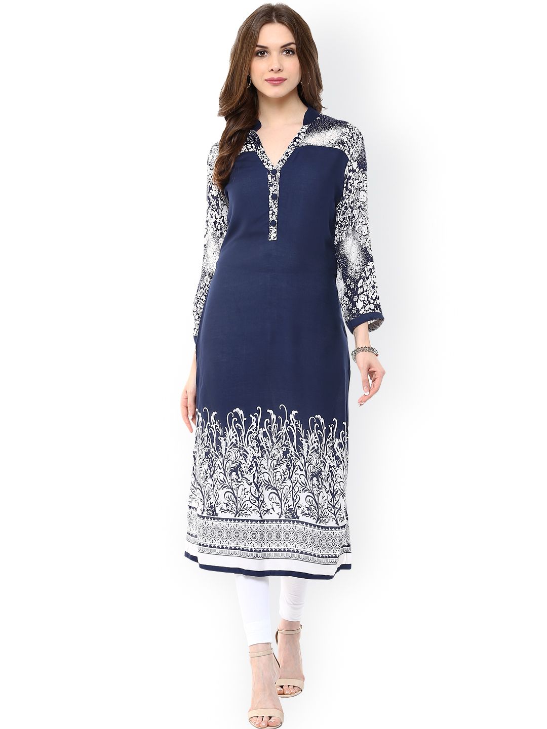 AKS Women Navy Printed Straight Kurta