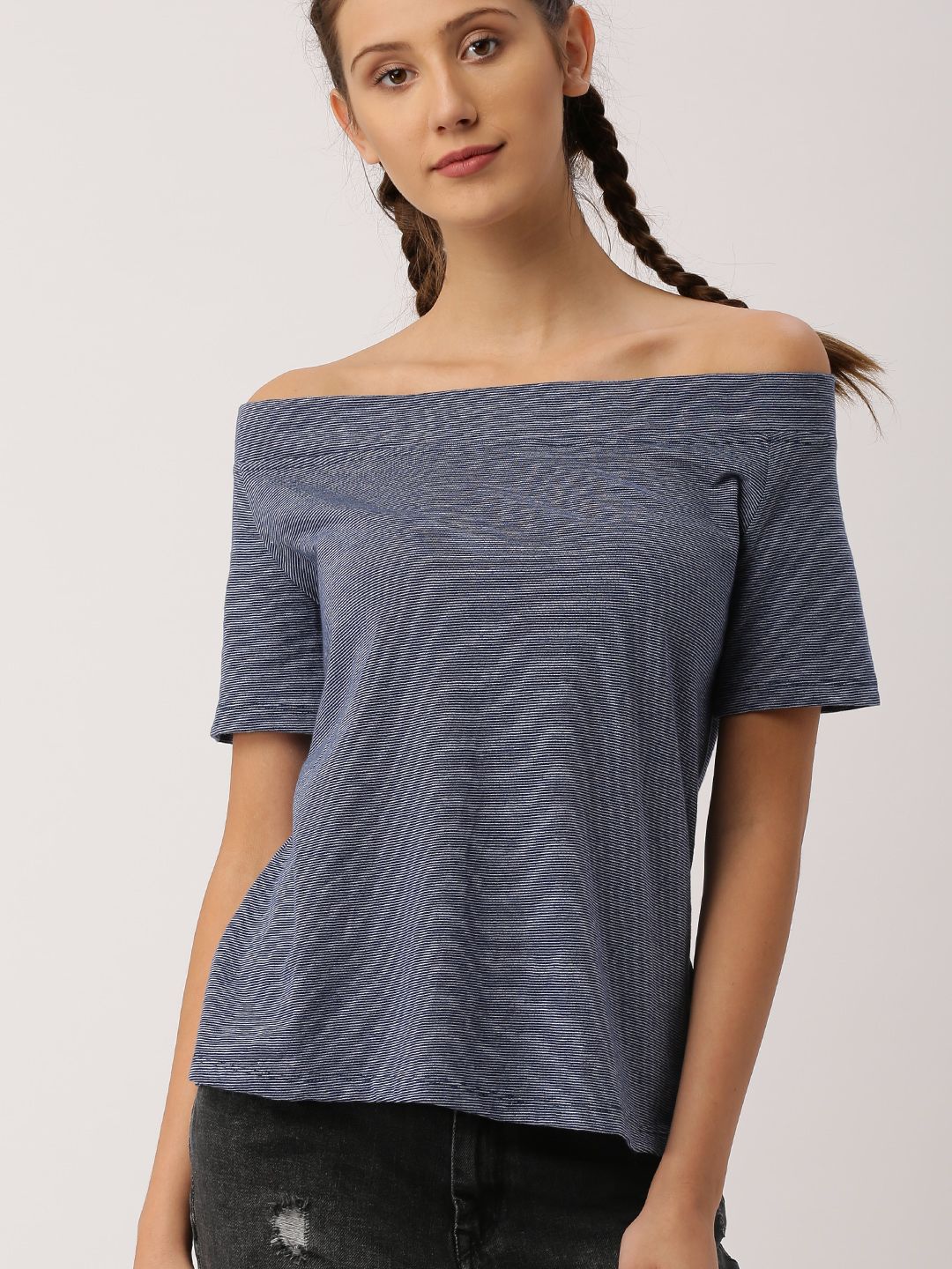 DressBerry Women Navy Blue Striped Pure Cotton Top