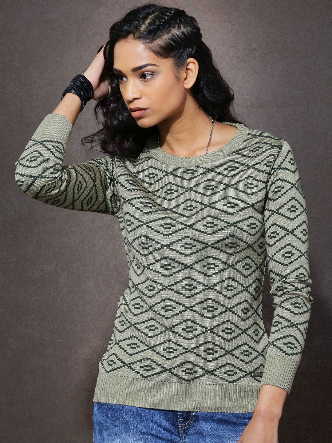 Roadster Beige & Green Patterned Sweater