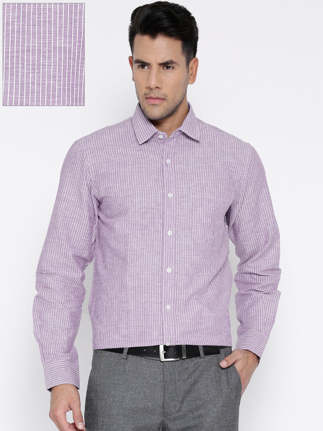 John Players Purple Striped Linen Blend Slim Semiformal Shirt