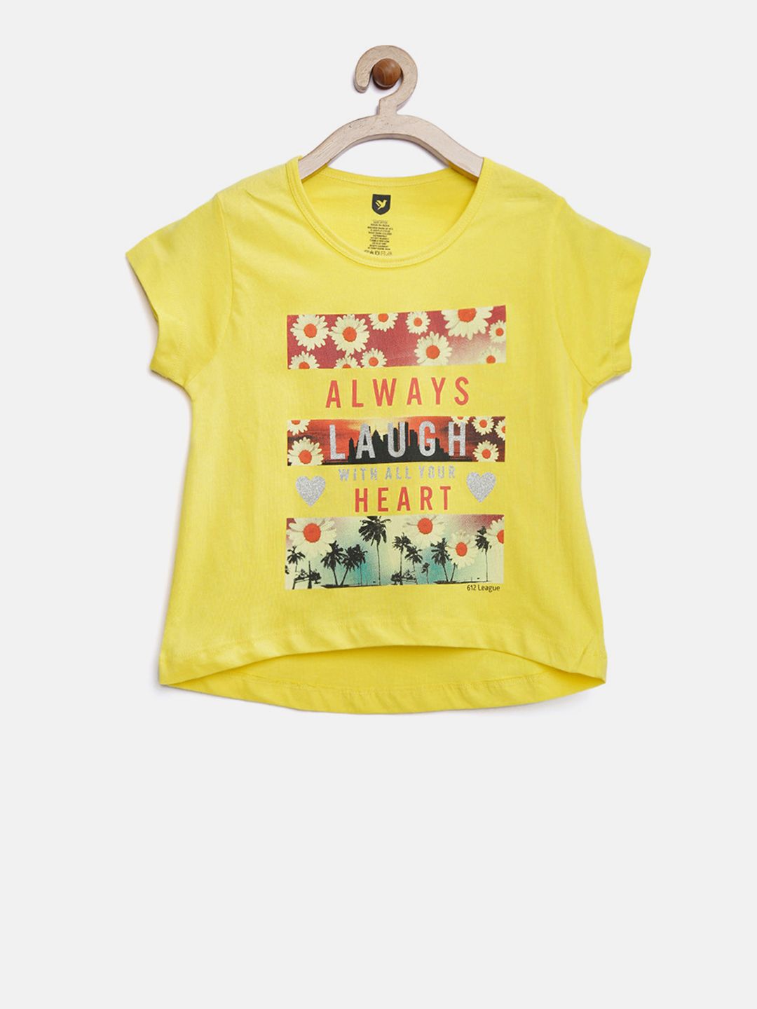 612 league Girls Yellow Printed Pure Cotton T-shirt
