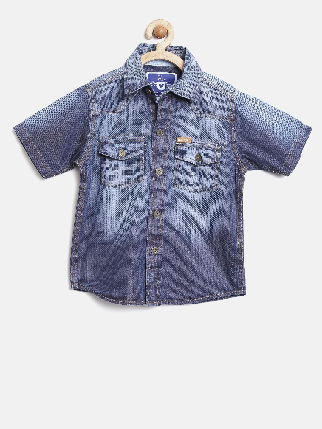 612 league Boys Blue Washed Printed Casual Shirt
