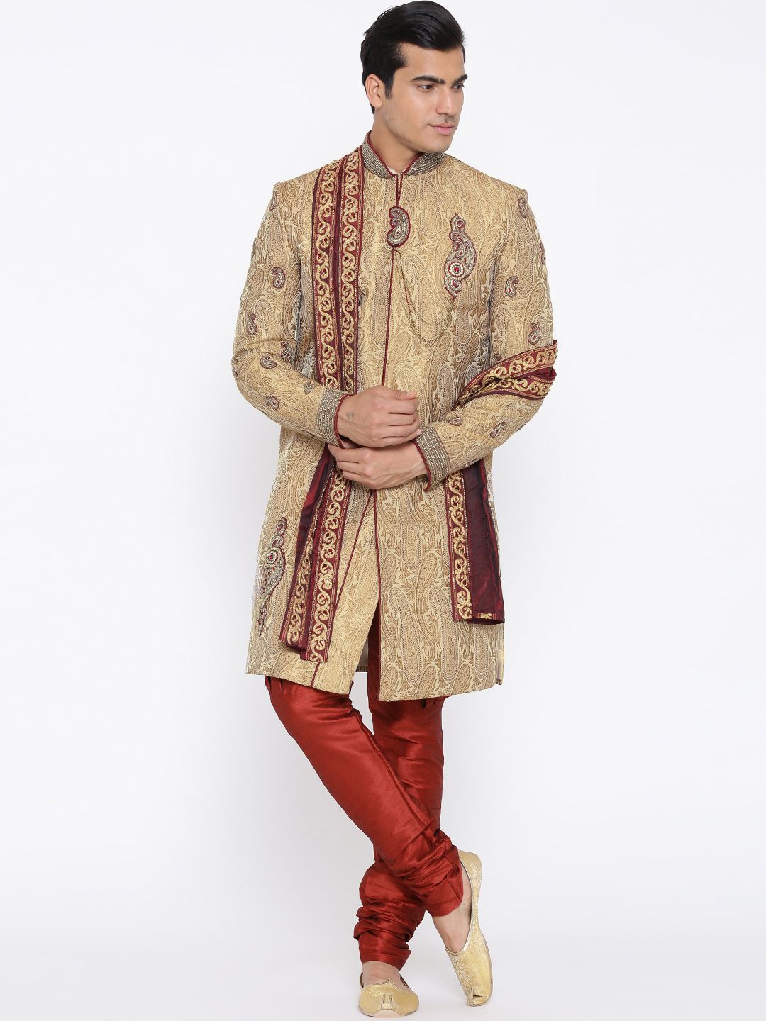 Manish Creations Beige & Red Brocade Pattern Handicraft Sherwani with Stole