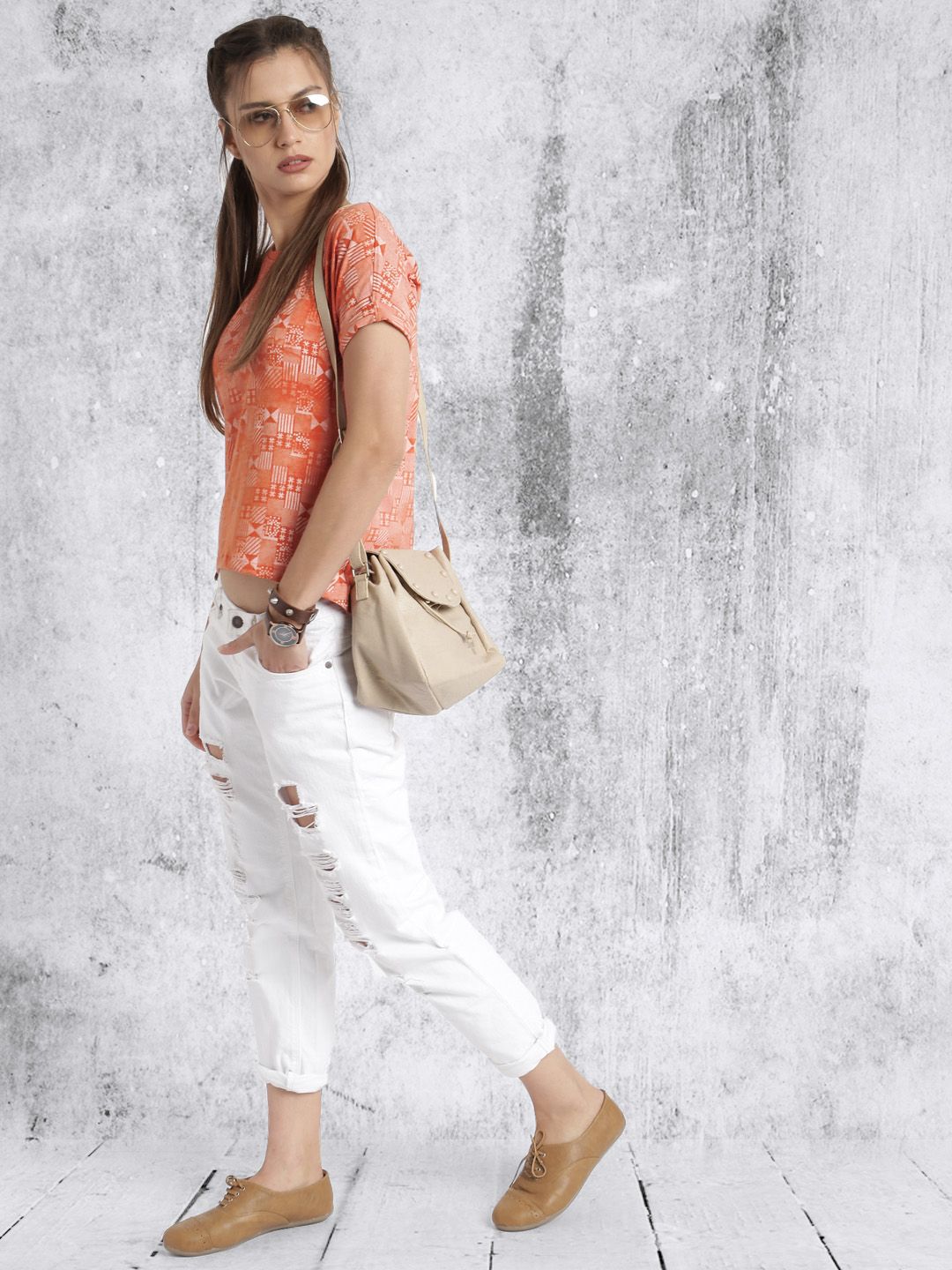 Roadster Women Orange Printed Crop Pure Cotton T-shirt