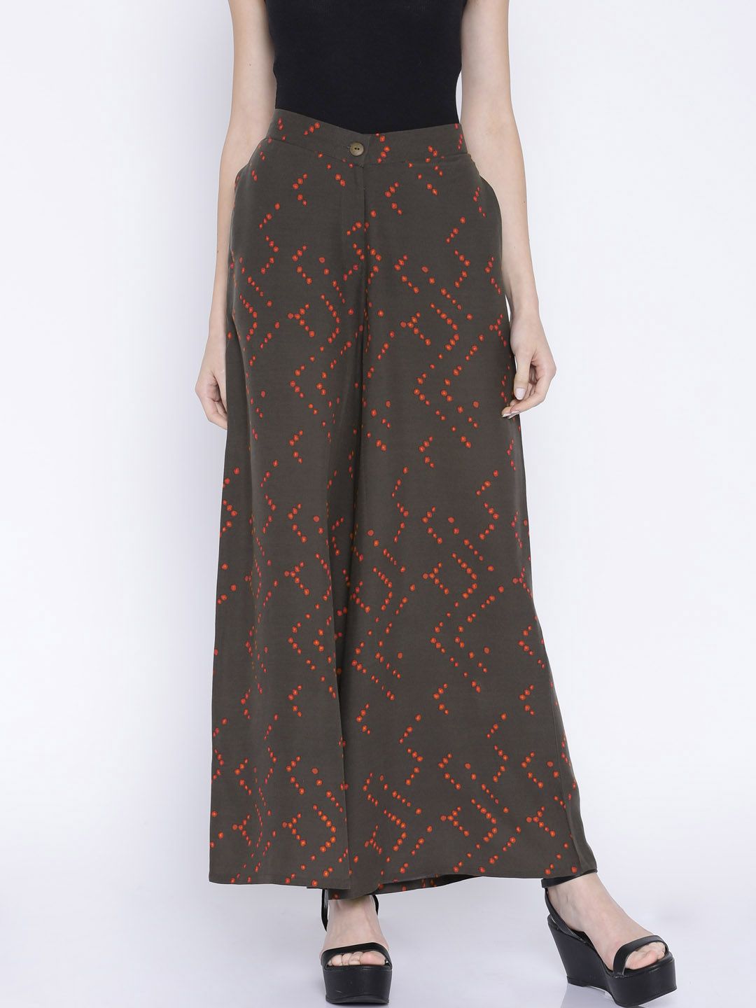 Global Desi Olive Green Printed Palazzos