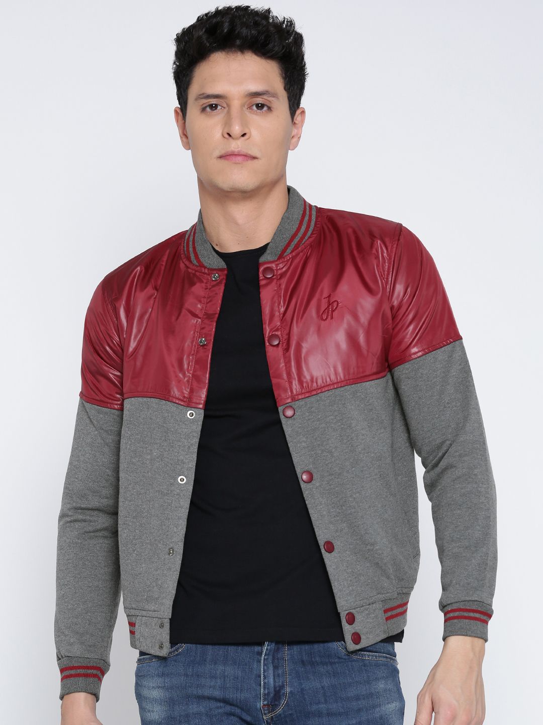 John Players Maroon & Grey Melange Colourblocked Bomber Jacket