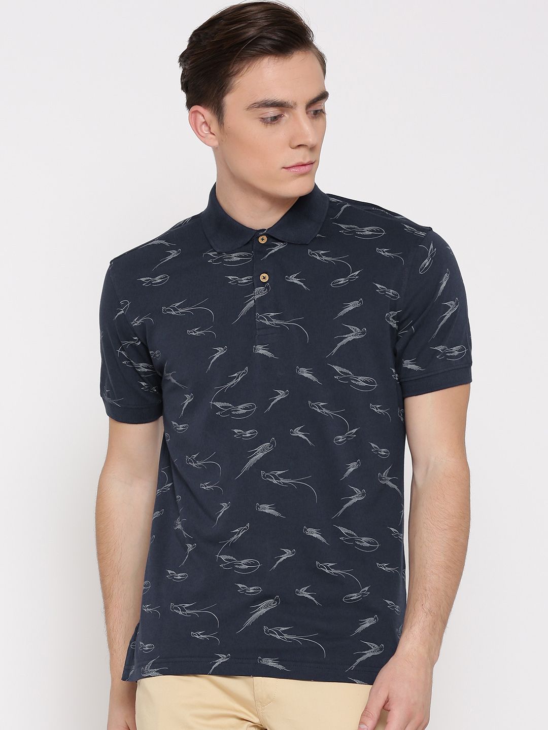 John Players Men Navy Blue Printed Polo T-shirt