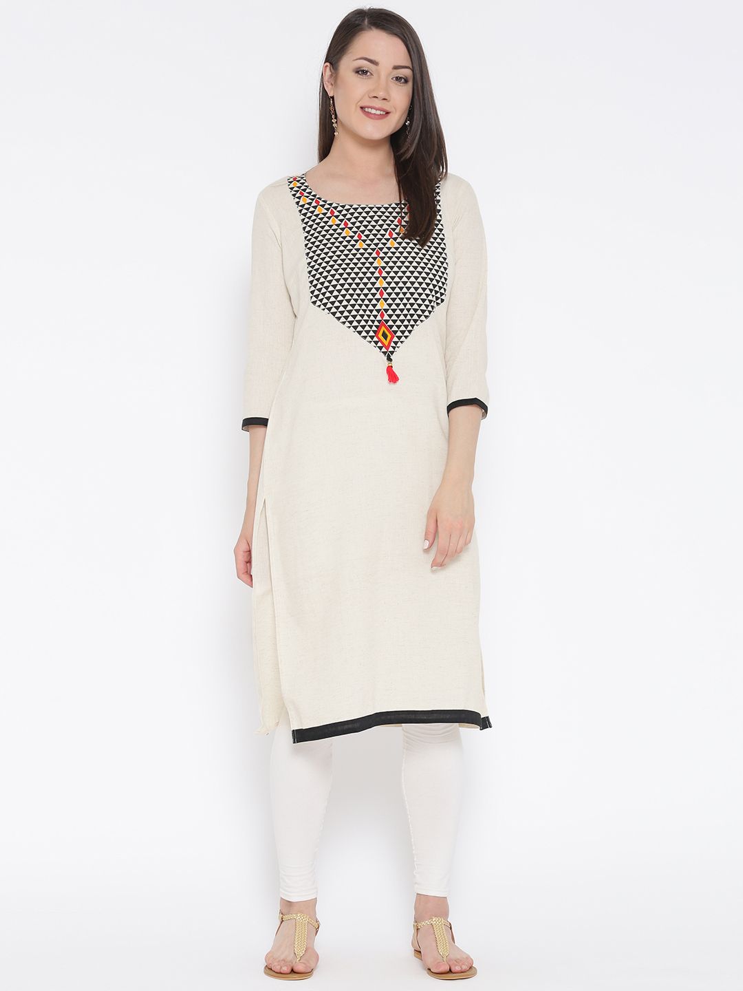 RANGMANCH BY PANTALOONS Women Off-White Printed Detail Straight Kurta