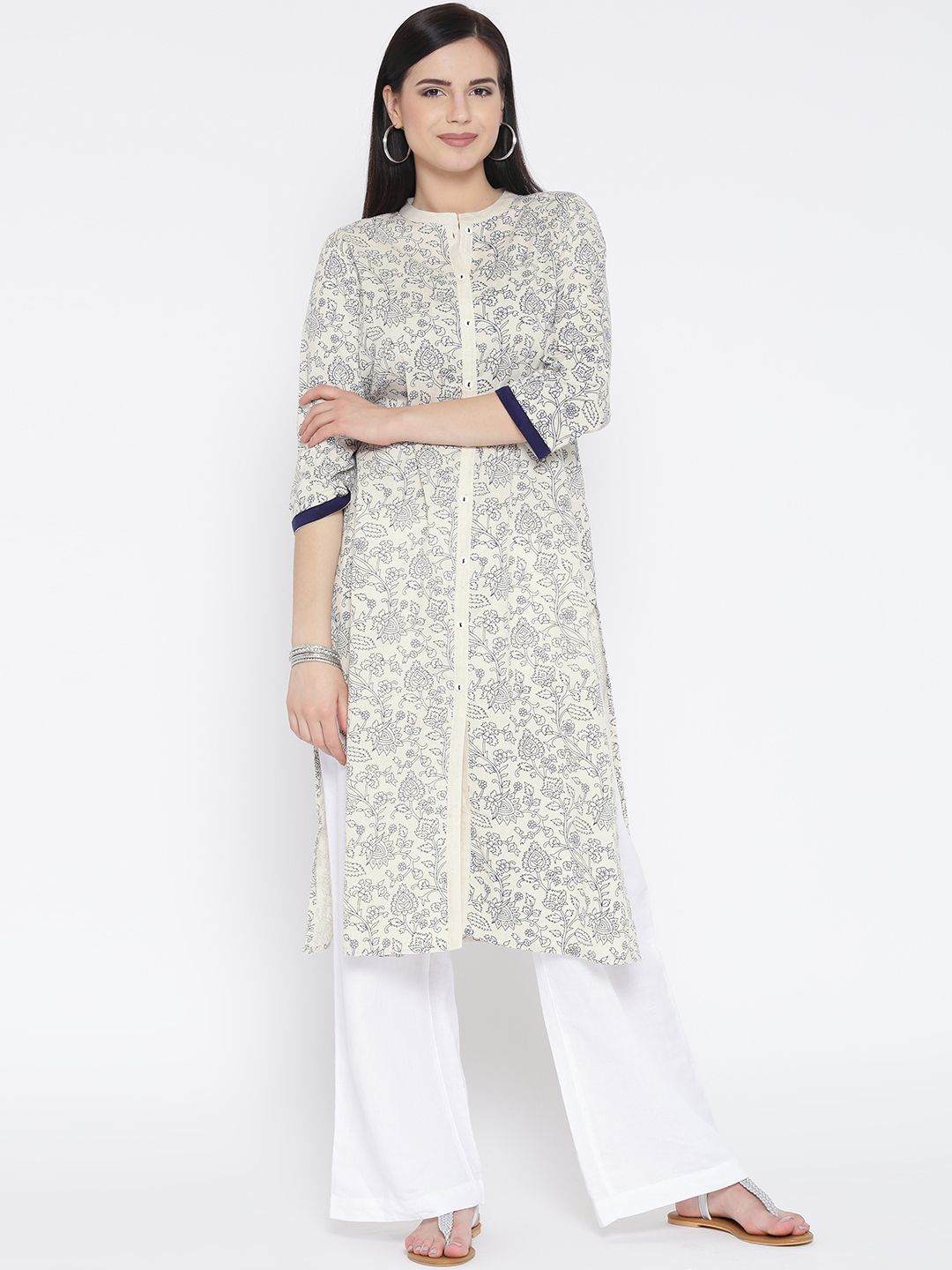 RANGMANCH BY PANTALOONS Women Off-White & Navy Printed Straight Kurta