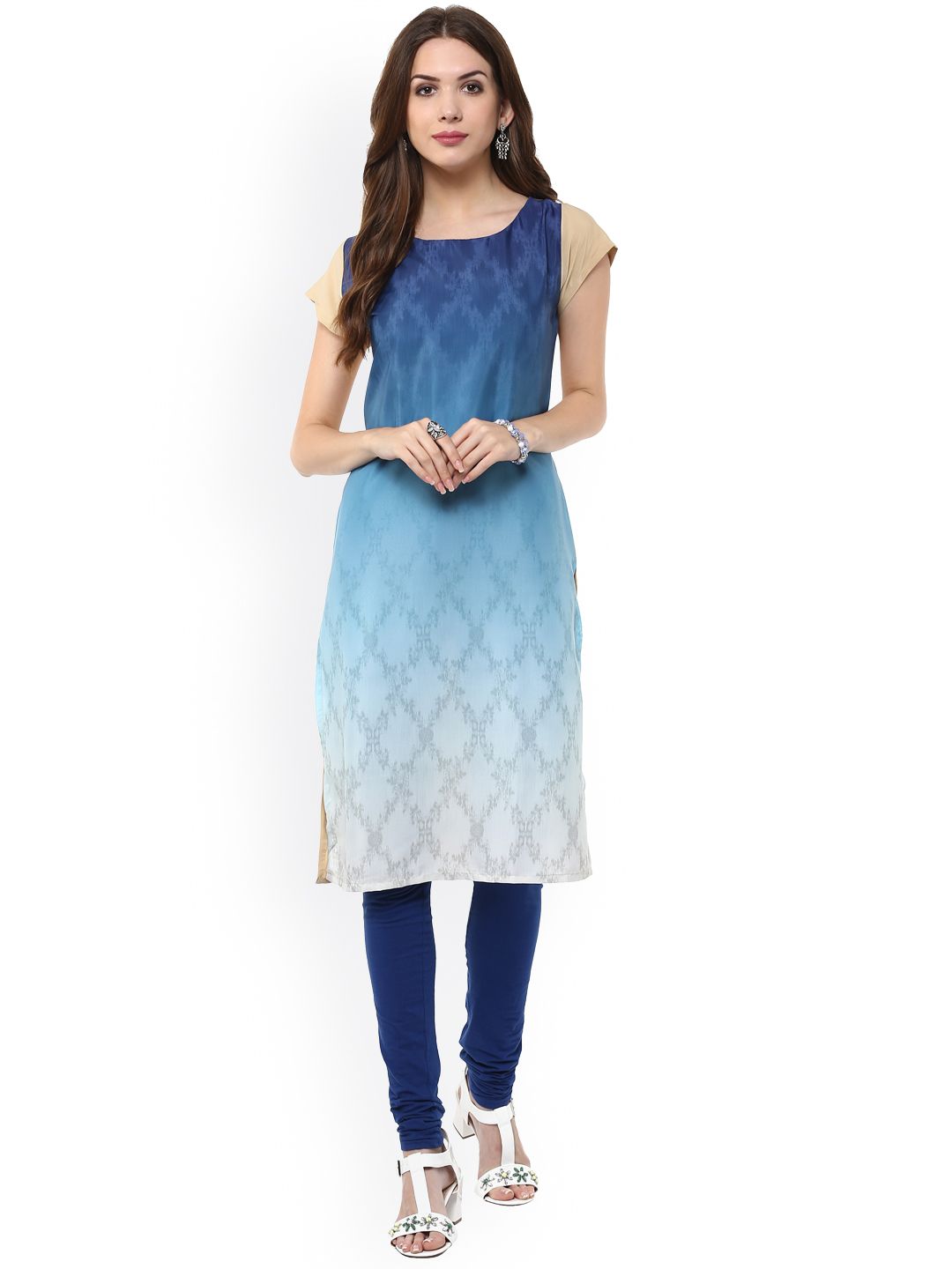 Janasya Women Blue Ombre -Dyed Printed Straight Kurta