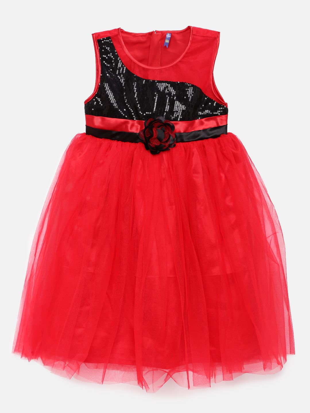 YK Girls Red & Black Sequinned Fit and Flare Dress