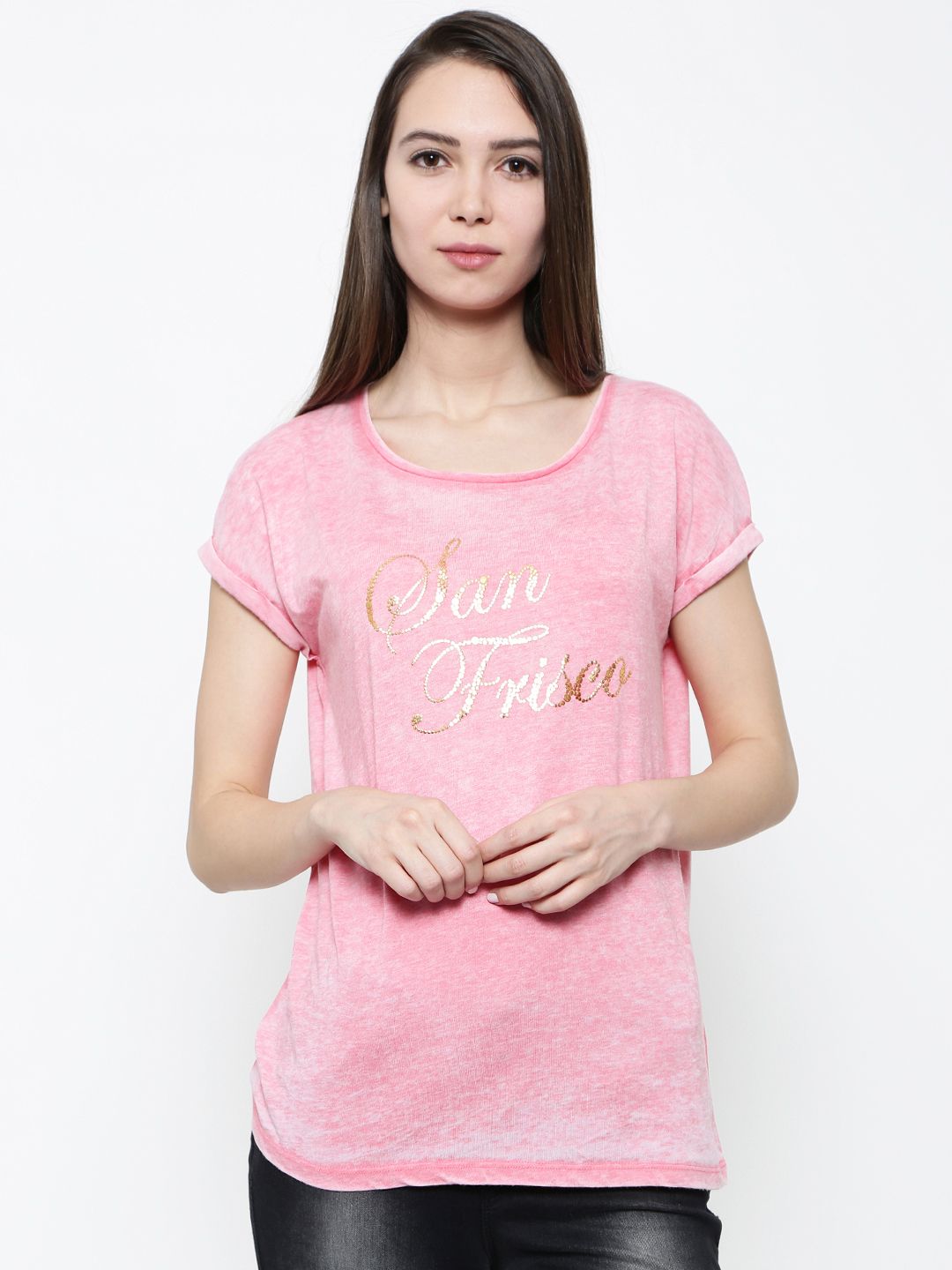 SF JEANS by Pantaloons Women Pink Printed Scoop Neck T-Shirt