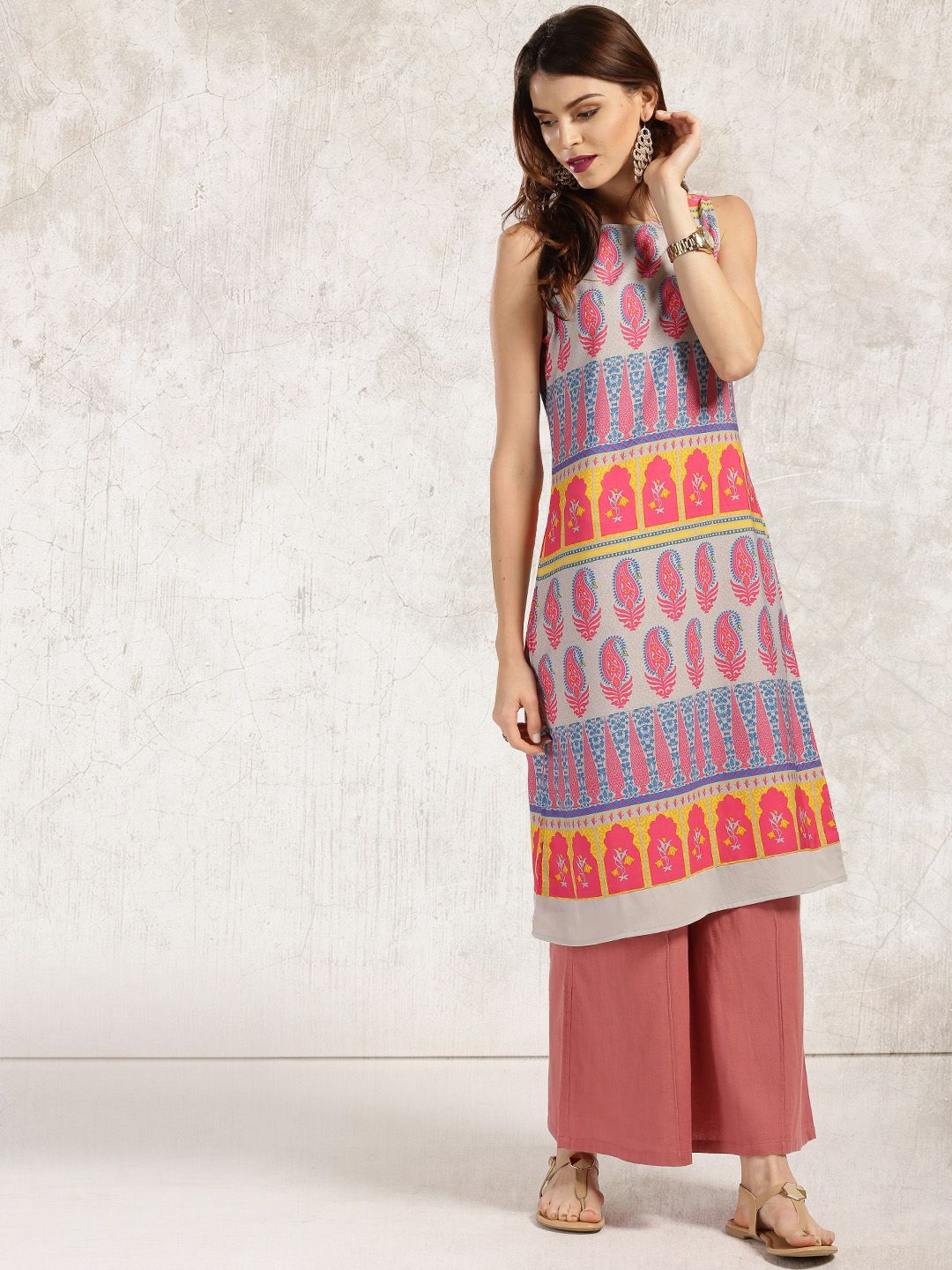 Anouk Women Grey & Pink Printed Straight Kurta