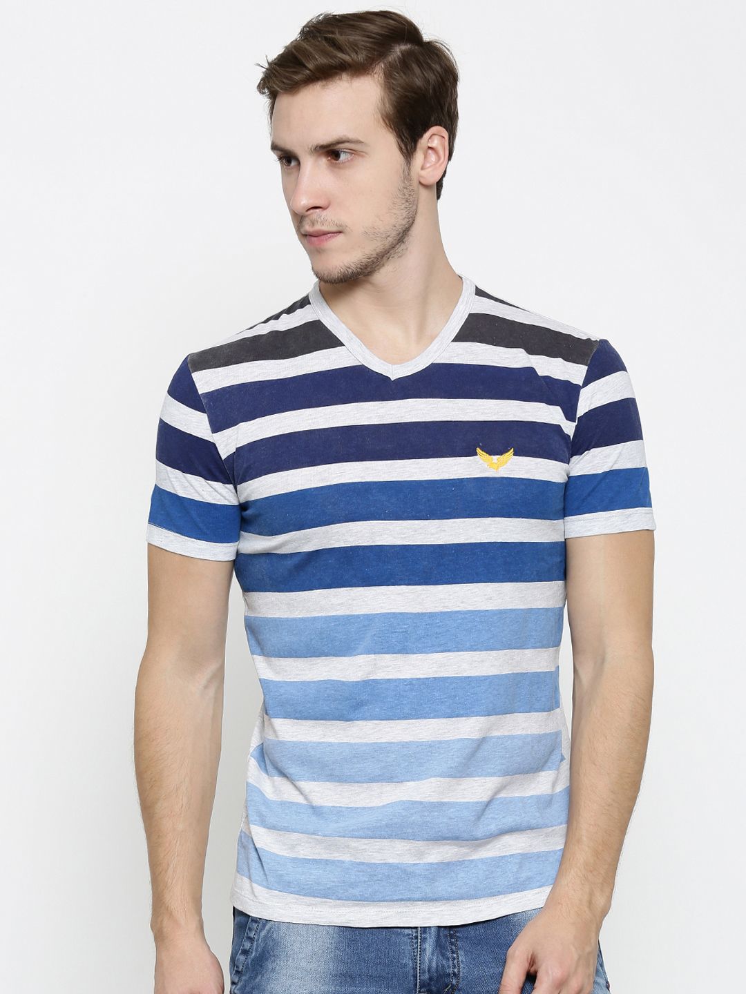 URBAN EAGLE by Pantaloons Blue & Grey Striped T-shirt