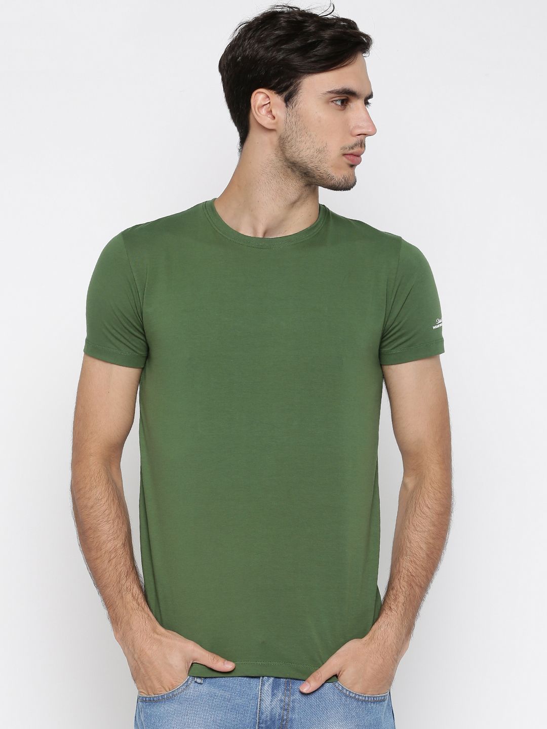 Status Quo Men Olive Green Slim Fit Solid T-shirt